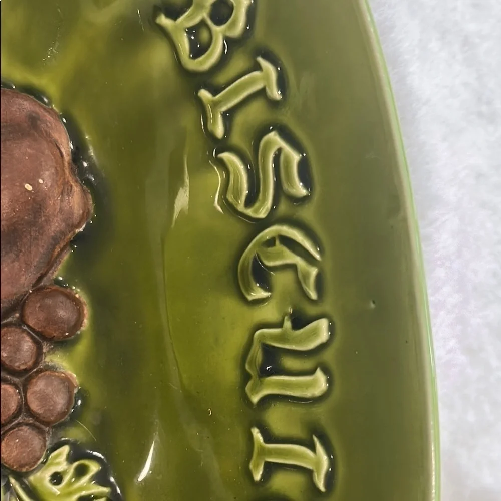 Vintage MCM Avocado Green Green Ceramic Bread and Biscuit Serving Dish 13.75”